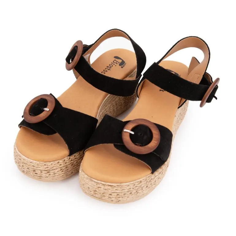 Sandales noires compensées en cuir double boucle bois Femme BIOSTOCK