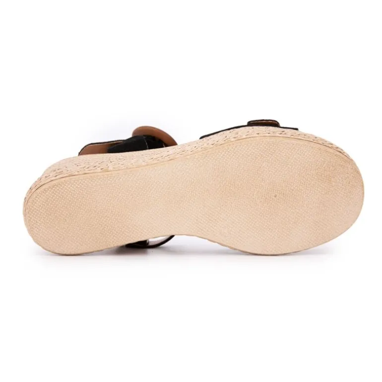 Sandales noires compensées en cuir double boucle bois Femme BIOSTOCK