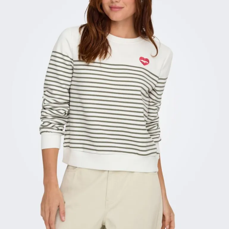 Sweat col rond à rayures avec imprimé coeur Femme ONLY