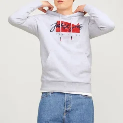 Sweat gris chiné imprimé avec capuche tiley coton mélangé regular Homme JACK & JONES