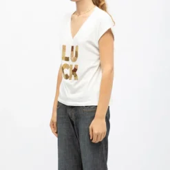 Tee shirt blanc col v Luck brodé coloré Femme DEELUXE 74