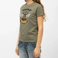 Tee shirt col rond kaki jersey imprimé roue ailée moto GP racing team Femme VON DUTCH