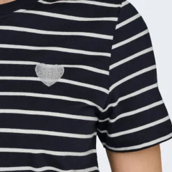 Tee shirt coton bio Liva marinière avec coeur argenté Femme ONLY