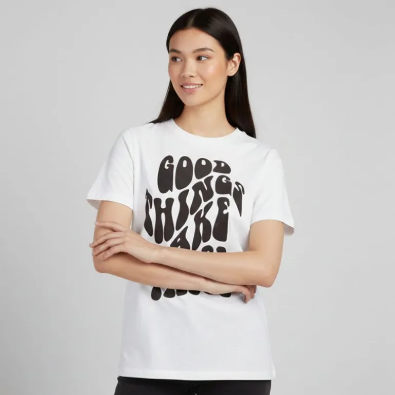 Tee shirt Jada imprimé Good things take time Femme PIECES