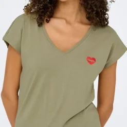 Tee shirt manches courtes col V bouche coeur brodé onlamber Femme ONLY