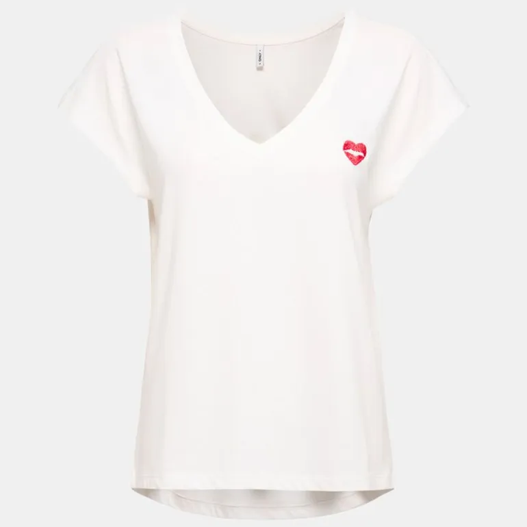 Tee shirt manches courtes col V bouche coeur brodé onlamber Femme ONLY