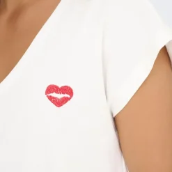 Tee shirt manches courtes col V bouche coeur brodé onlamber Femme ONLY