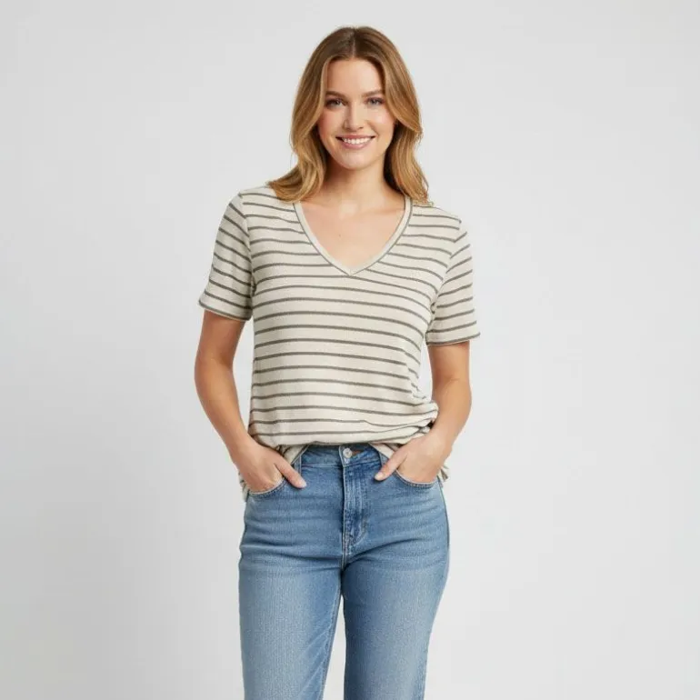 Tee shirt Manu rayé col v maille Femme ONLY