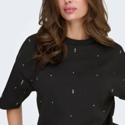 Tee shirt noir col rond manches 3/4 avec strass blancs Femme ONLY