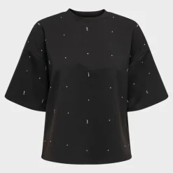 Tee shirt noir col rond manches 3/4 avec strass blancs Femme ONLY