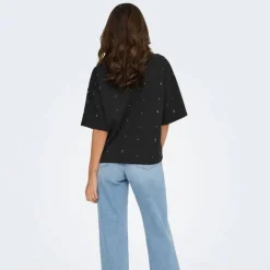 Tee shirt noir col rond manches 3/4 avec strass blancs Femme ONLY