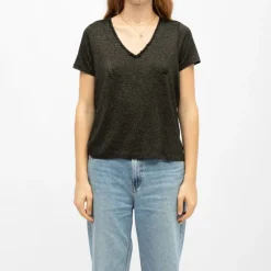 Tee shirt noir col V oxane à rayures Femme DEELUXE 74