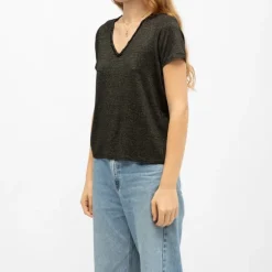 Tee shirt noir col V oxane à rayures Femme DEELUXE 74