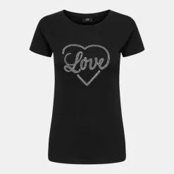 Tee shirt noir coton Love coeur à strass Femme JDY