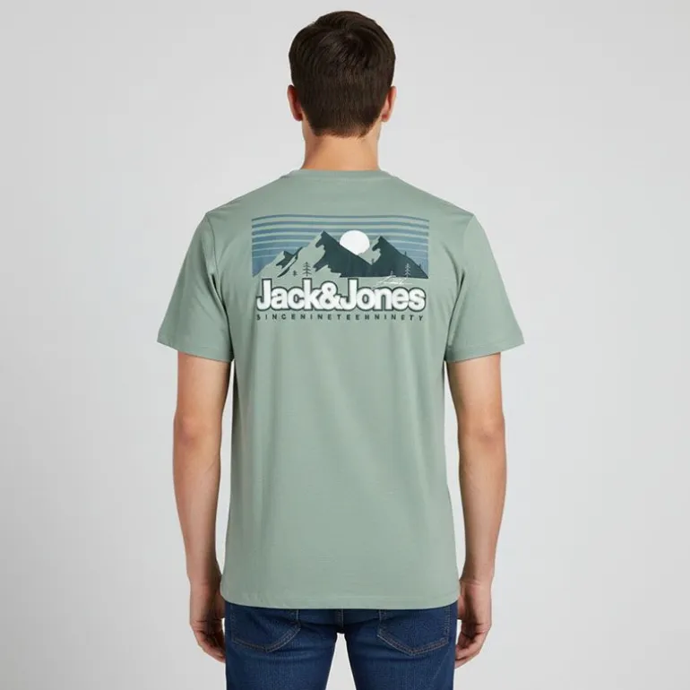 Tee shirt vert d'eau mine col ras de cou imprimé montagnes Homme JACK & JONES