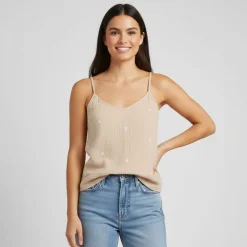 Top à bretelles beige brodé gaze de coton Femme PIECES