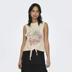 Top court beige imprimé tropical avec noeud Femme ONLY