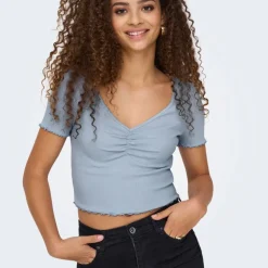 Top crop betty col v manches courtes Femme ONLY