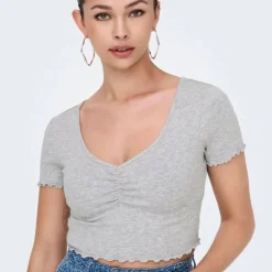 Top crop betty col v manches courtes Femme ONLY