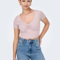 Top crop betty col v manches courtes Femme ONLY