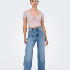 Top crop betty col v manches courtes Femme ONLY