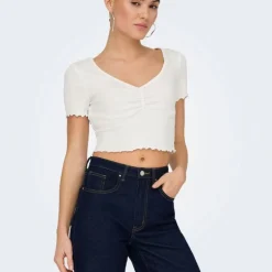 Top crop betty col v manches courtes Femme ONLY