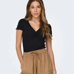 Top crop betty col v manches courtes Femme ONLY