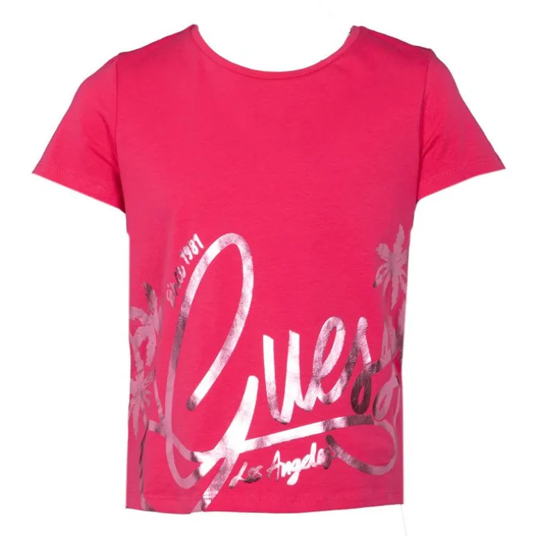 Tshirt col rond imprimé argenté avec logo manuscript Enfant GUESS